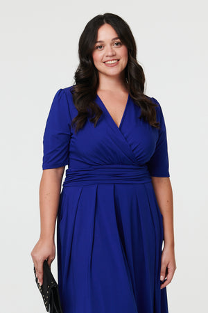 Blue | Curve Ruched Waist Faux Wrap Midi Dress