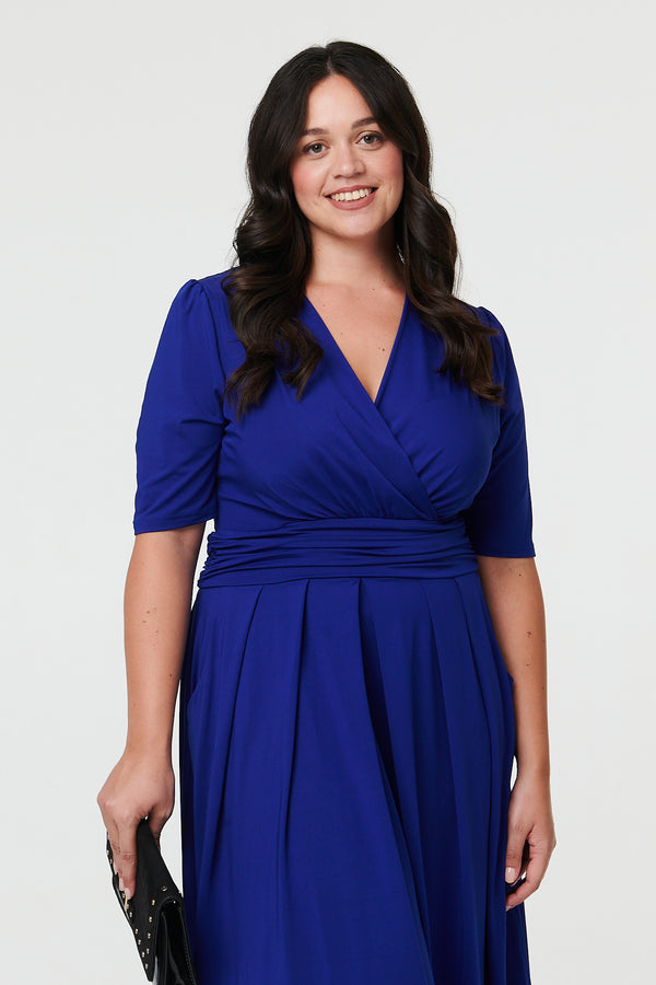 Blue | Curve Ruched Waist Faux Wrap Midi Dress