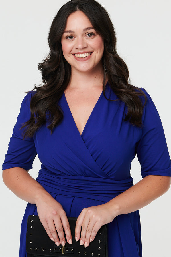 Blue | Curve Ruched Waist Faux Wrap Midi Dress