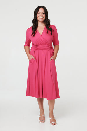 Fuchsia | Curve Ruched Waist Faux Wrap Midi Dress