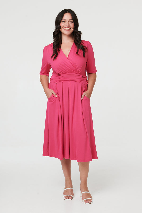 Fuschia | Curve Ruched Waist Faux Wrap Midi Dress