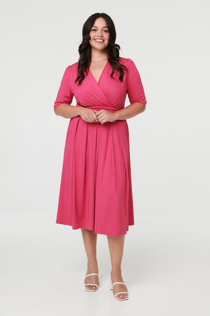 Fuchsia | Curve Ruched Waist Faux Wrap Midi Dress : Model is 5'8
