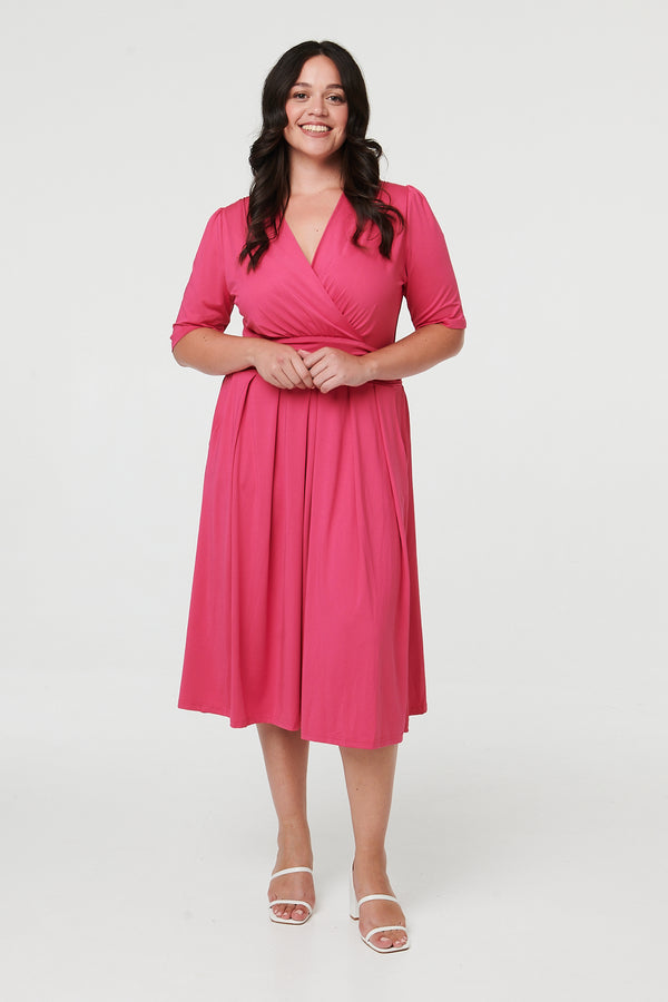 Fuschia | Curve Ruched Waist Faux Wrap Midi Dress
