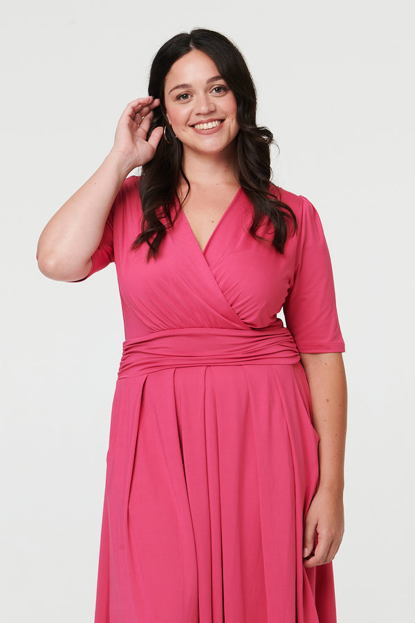 Fuschia | Curve Ruched Waist Faux Wrap Midi Dress