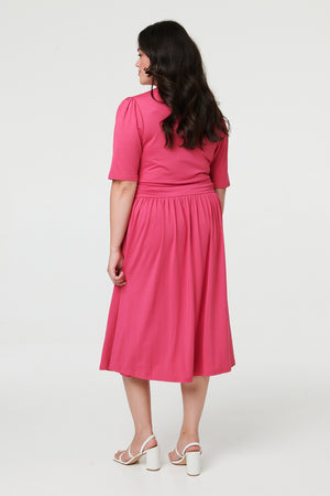 Fuchsia | Curve Ruched Waist Faux Wrap Midi Dress
