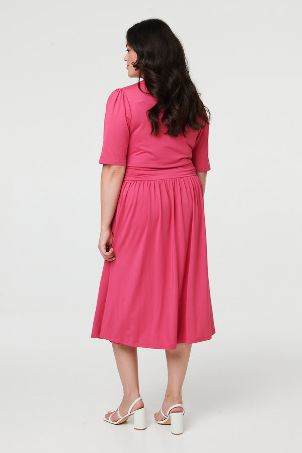 Fuschia | Curve Ruched Waist Faux Wrap Midi Dress