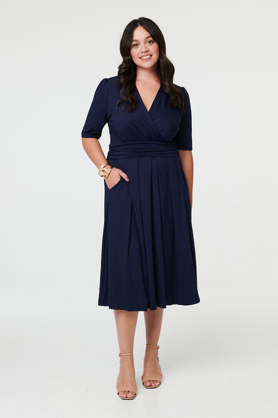 Navy | Curve Ruched Waist Faux Wrap Midi Dress