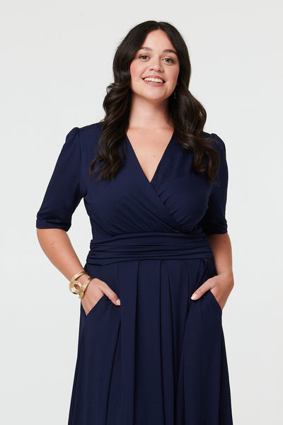Navy | Curve Ruched Waist Faux Wrap Midi Dress