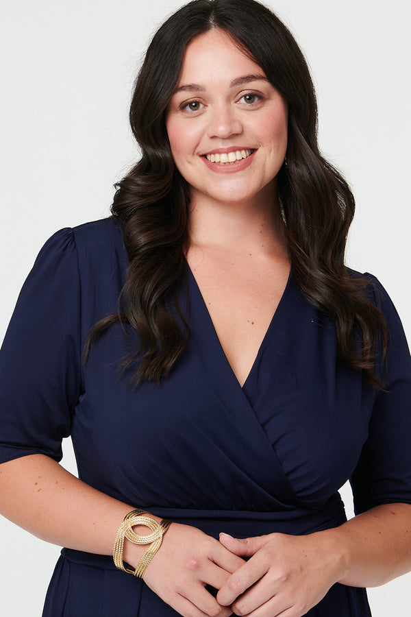 Navy | Curve Ruched Waist Faux Wrap Midi Dress