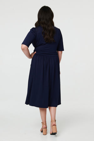 Navy | Curve Ruched Waist Faux Wrap Midi Dress