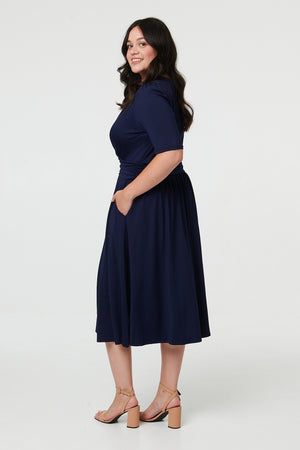 Navy | Curve Ruched Waist Faux Wrap Midi Dress