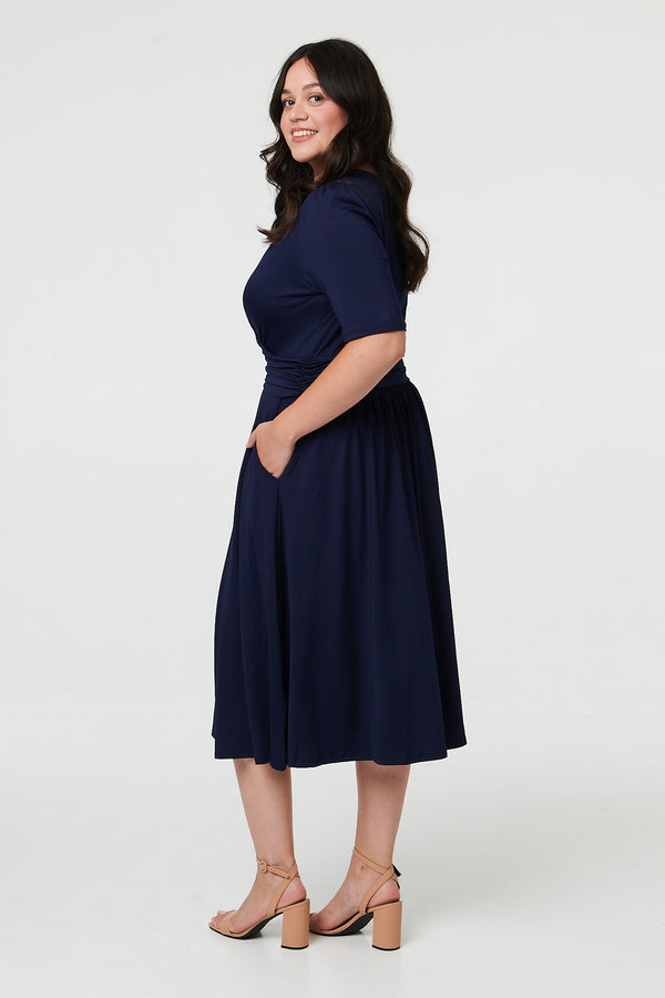 Navy | Curve Ruched Waist Faux Wrap Midi Dress