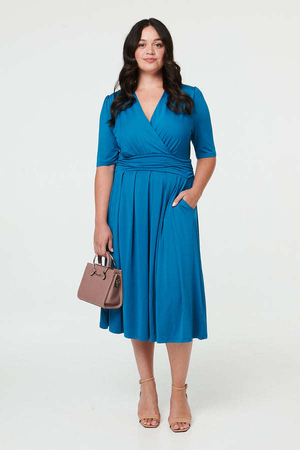 Turquoise | Curve Ruched Waist Faux Wrap Midi Dress