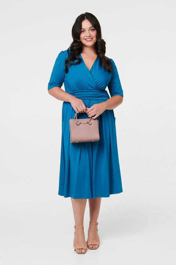 Turquoise | Curve Ruched Waist Faux Wrap Midi Dress
