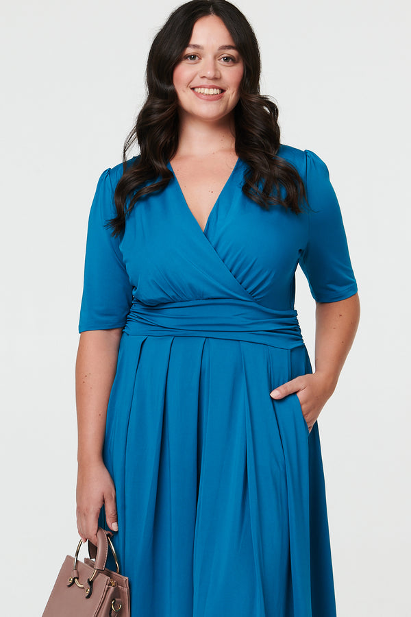 Turquoise | Curve Ruched Waist Faux Wrap Midi Dress