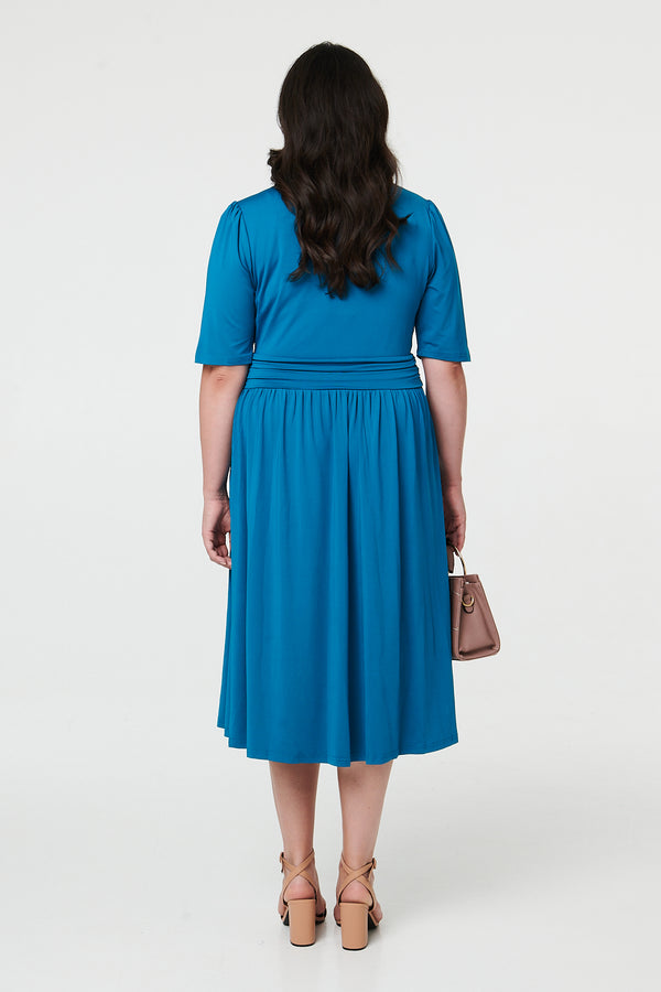 Turquoise | Curve Ruched Waist Faux Wrap Midi Dress