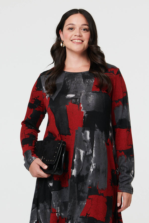 Red | Curve Printed Long Sleeve Short Dress