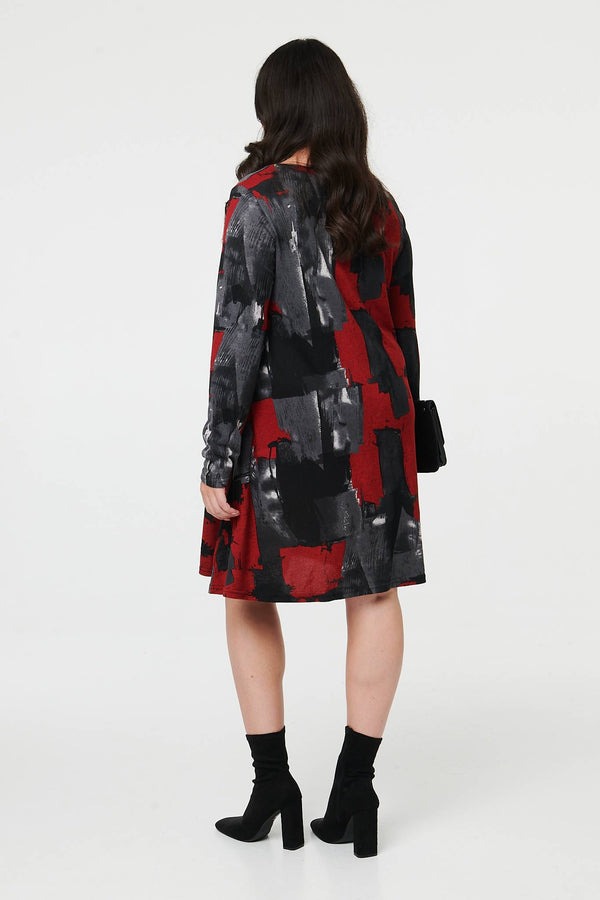Red | Curve Printed Long Sleeve Short Dress