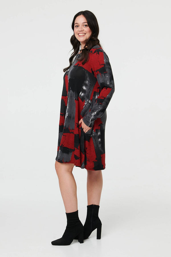 Red | Curve Printed Long Sleeve Short Dress