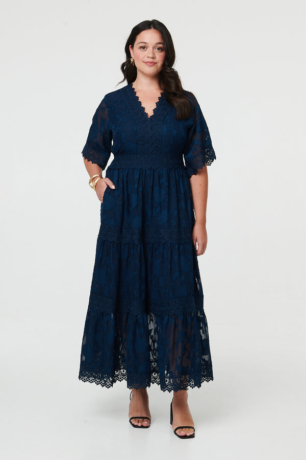 Navy | Curve Floral Lace 1/2 Sleeve Maxi Dress
