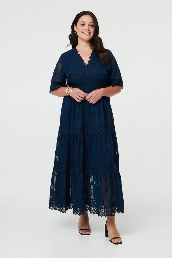 Navy | Curve Floral Lace 1/2 Sleeve Maxi Dress

