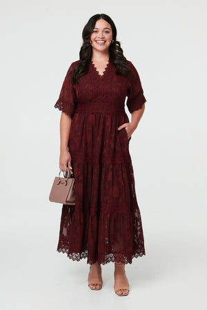 Red | Curve Floral Lace 1/2 Sleeve Maxi Dress : Model is 5'8