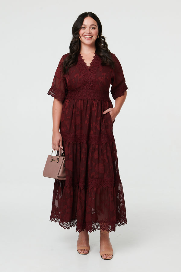Red | Curve Floral Lace 1/2 Sleeve Maxi Dress
