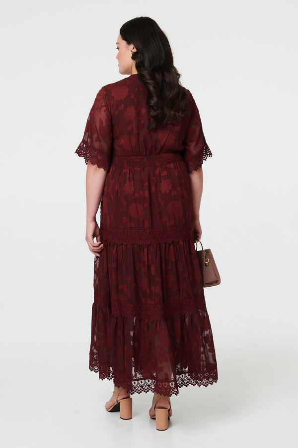Red | Curve Floral Lace 1/2 Sleeve Maxi Dress
