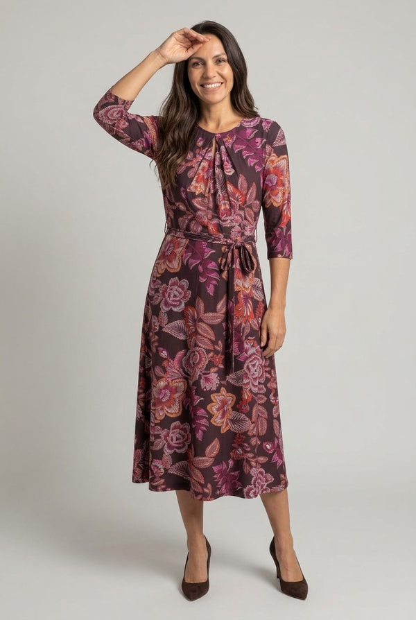 Brown | Abstract Tie Waist Floral Midi Dress