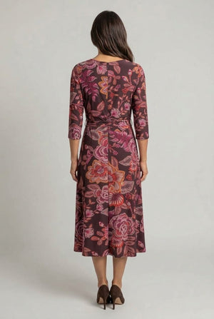 Brown | Abstract Tie Waist Floral Midi Dress