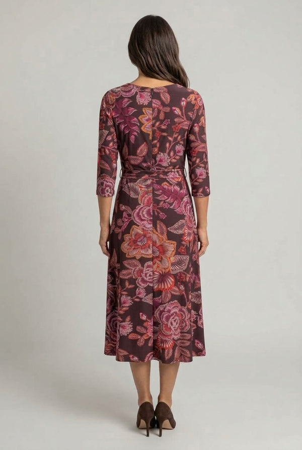 Brown | Abstract Tie Waist Floral Midi Dress