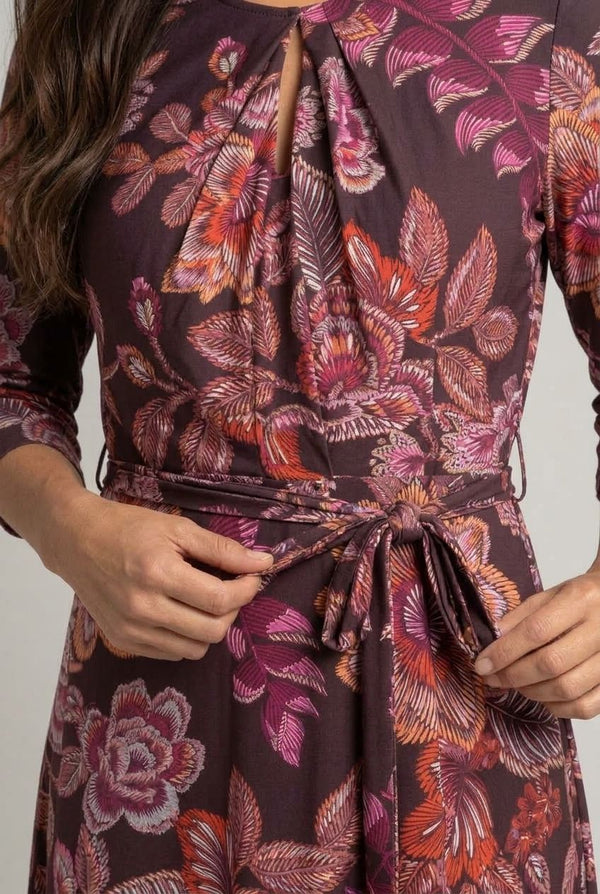 Brown | Abstract Tie Waist Floral Midi Dress