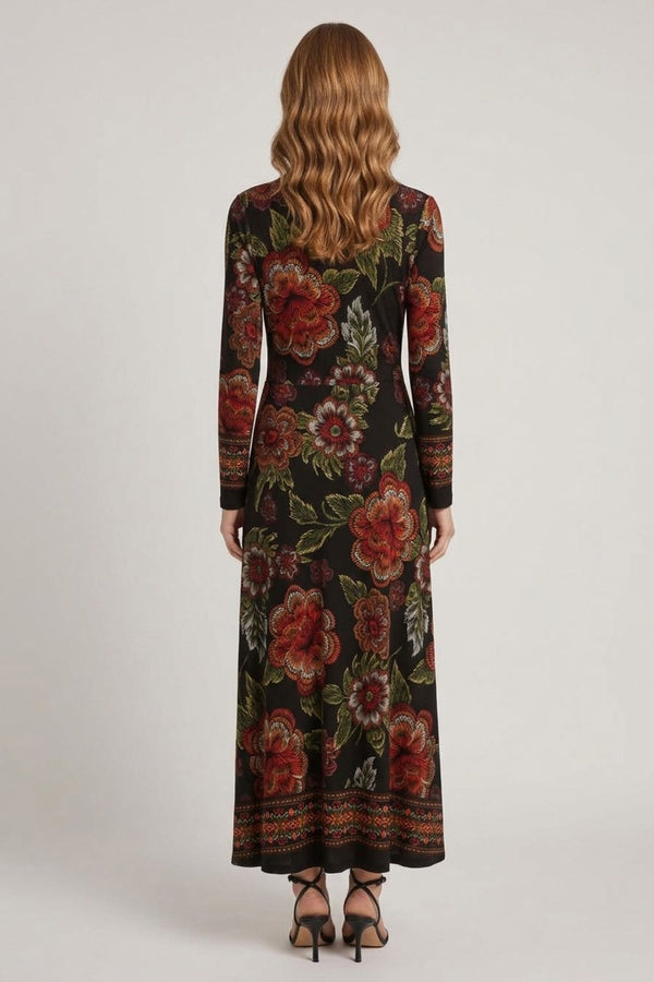 Black | Floral Long Sleeve Collared Maxi Dress