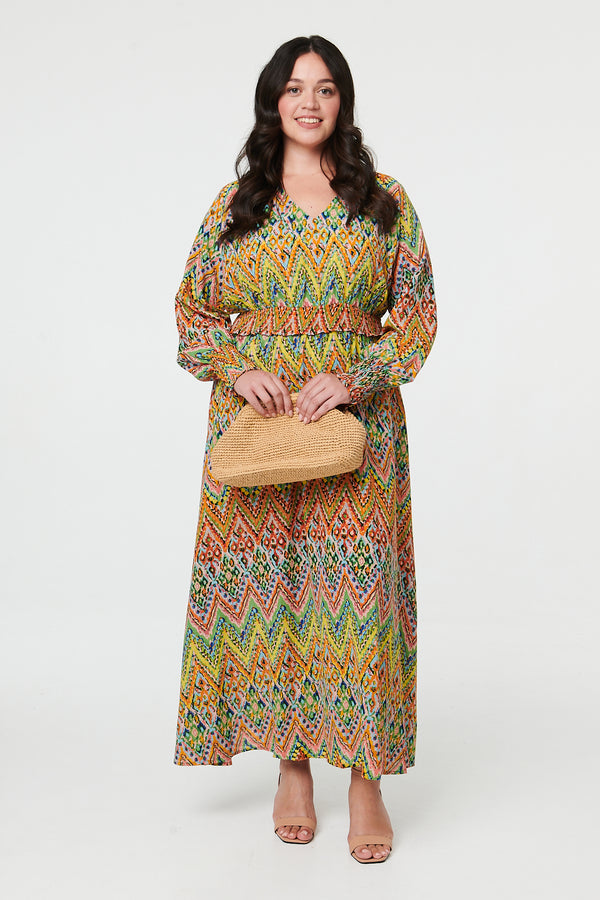 Green | Curve Abstract Long Sleeve Maxi Dress
