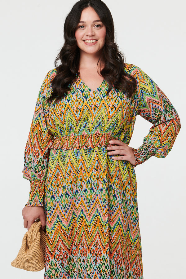 Green | Curve Abstract Long Sleeve Maxi Dress
