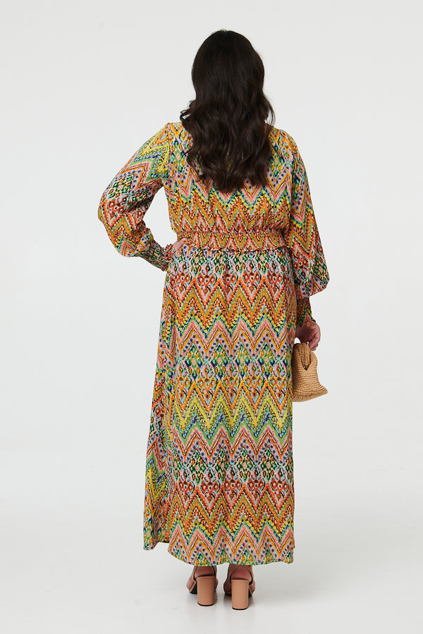 Green | Curve Abstract Long Sleeve Maxi Dress

