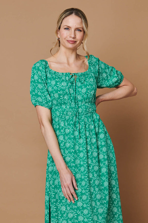 Green | Printed 1/2 Sleeve Smocked Midi Dress
