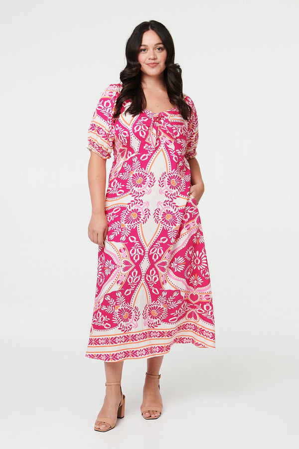 Pink | Curve Tie Front A-Line Midi Dress

