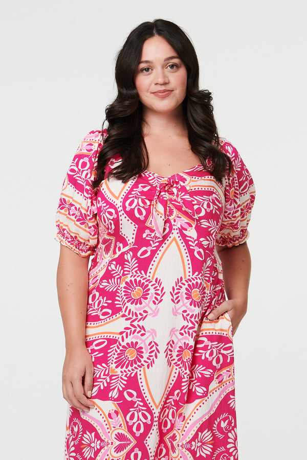 Pink | Curve Tie Front A-Line Midi Dress
