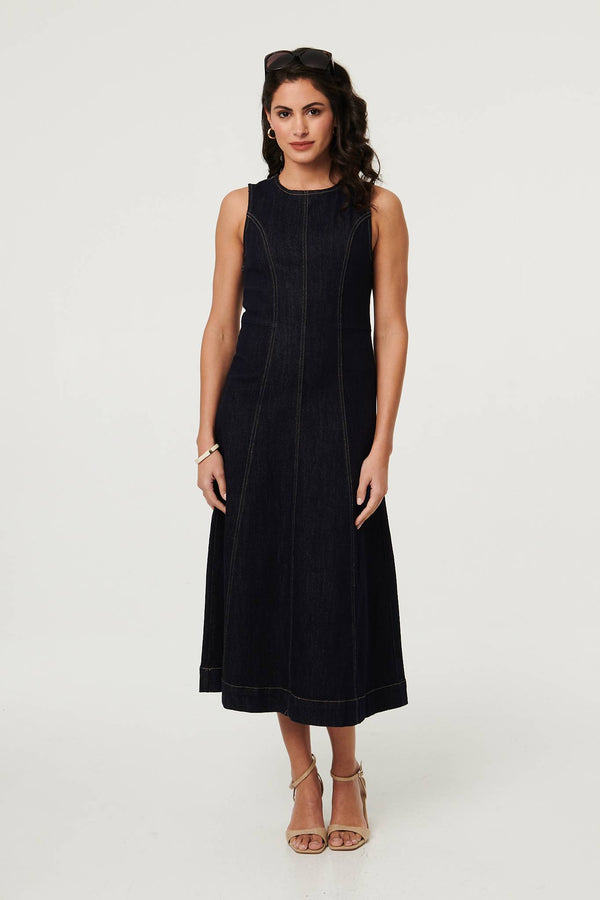 Navy | Denim Stitch Detail Fitted Midi Dress : Model is 5'8"/172 cm and wears UK8/EU36/US4/AUS8