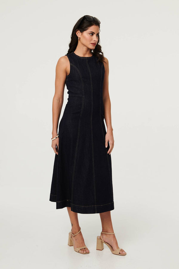 Navy | Denim Stitch Detail Fitted Midi Dress