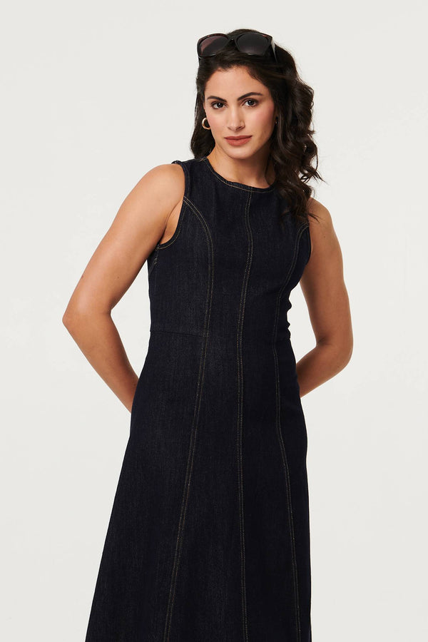 Navy | Denim Stitch Detail Fitted Midi Dress
