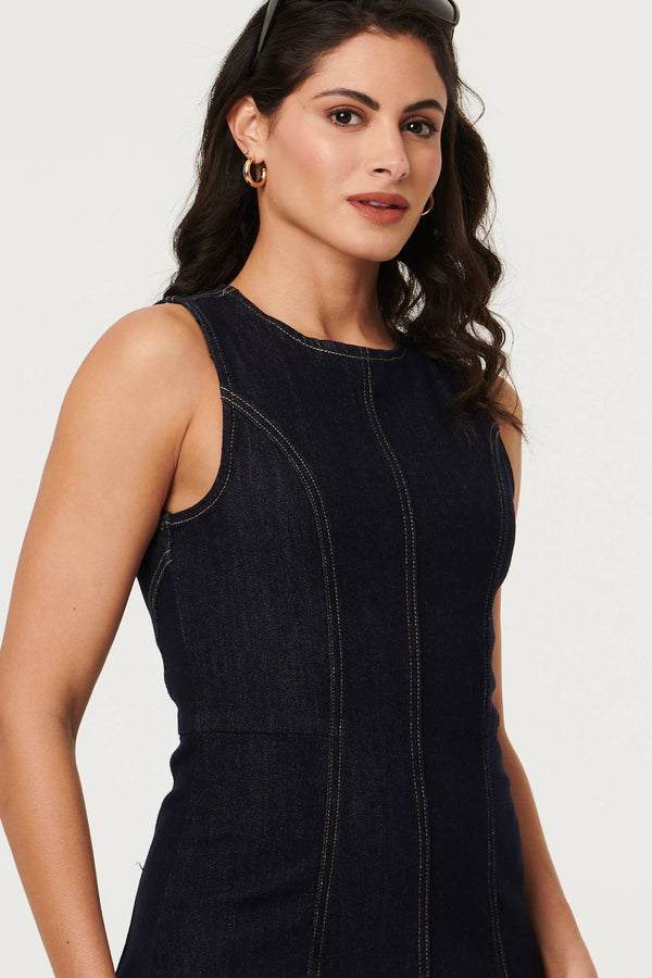 Navy | Denim Stitch Detail Fitted Midi Dress