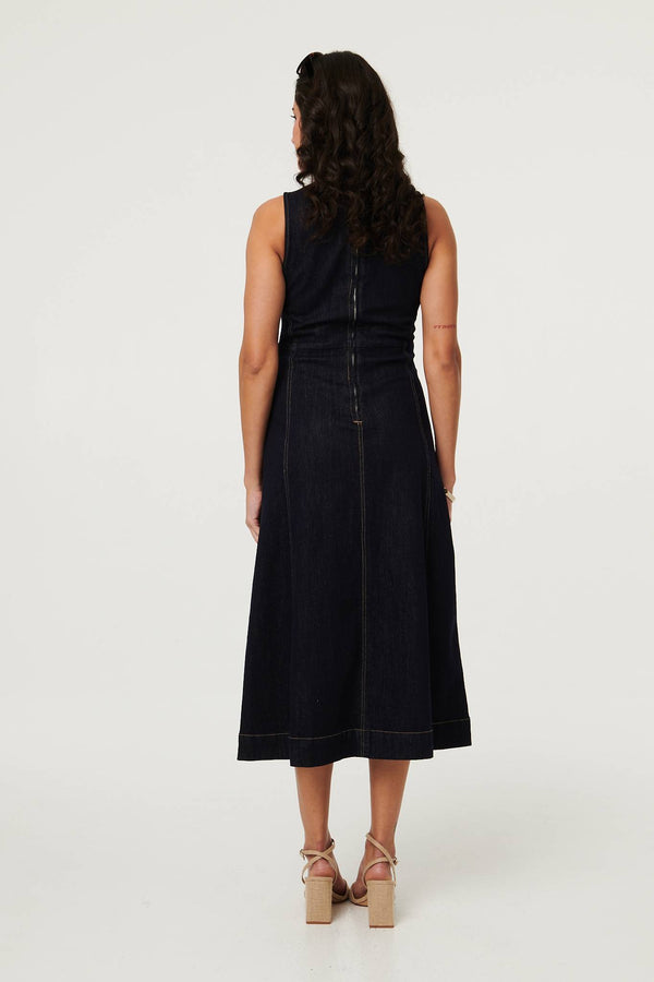 Navy | Denim Stitch Detail Fitted Midi Dress
