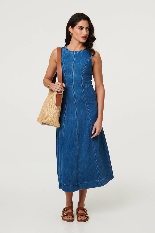 Light Blue | Denim Stitch Detail Fitted Midi Dress