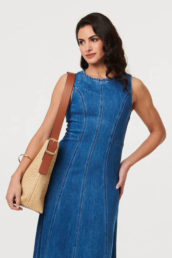 Light Blue | Denim Stitch Detail Fitted Midi Dress