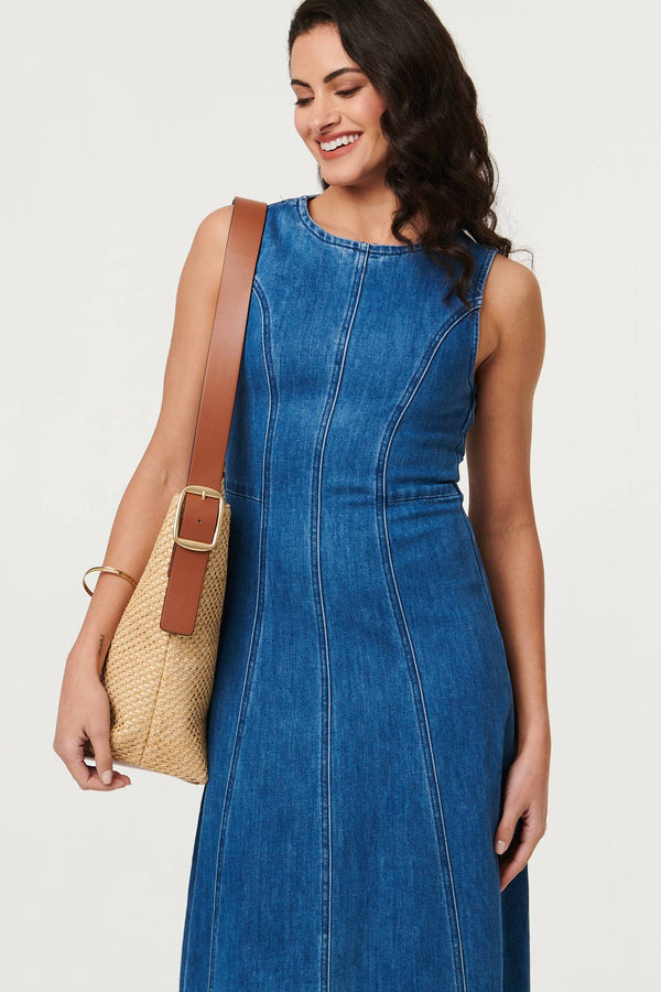 Light Blue | Denim Stitch Detail Fitted Midi Dress