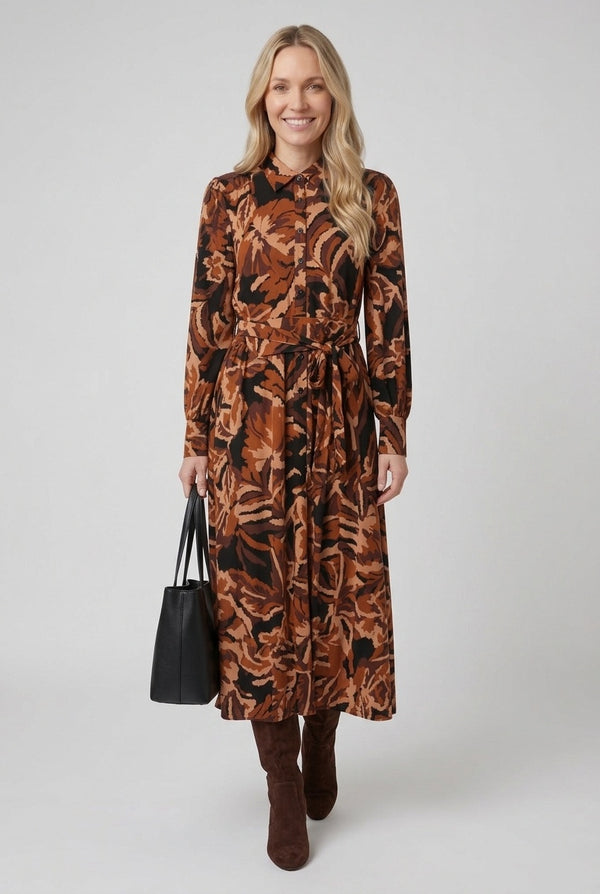 Brown | Abstract Print Tie Waist Maxi Dress