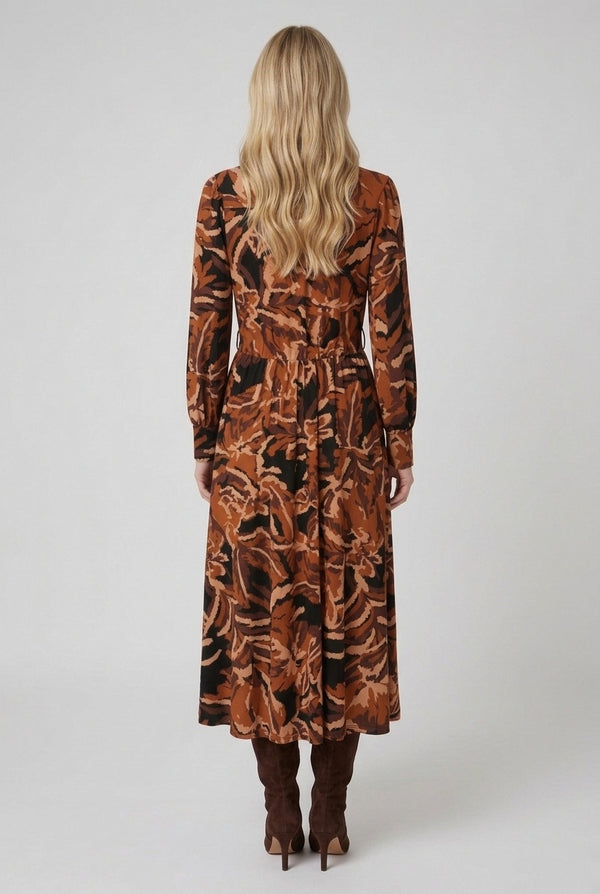 Brown | Abstract Print Tie Waist Maxi Dress