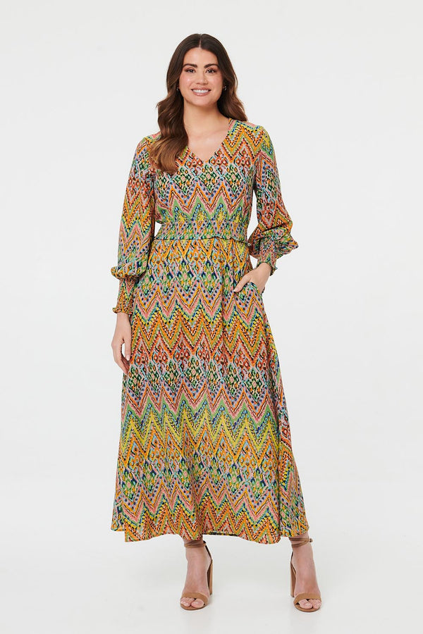 Green | Printed Long Sleeve Shirred Maxi Dress
